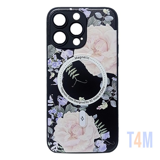 Funda Magnética Diseño de Floral para Apple iPhone 15 Pro Max Negro